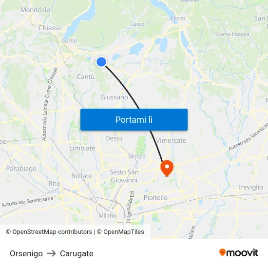 Orsenigo to Carugate map