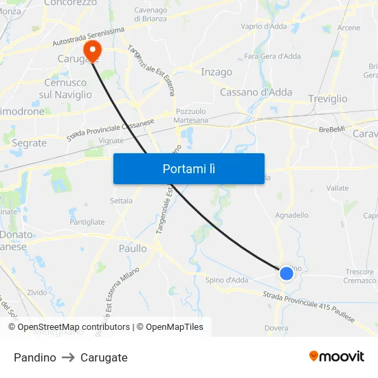 Pandino to Carugate map