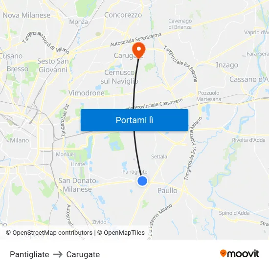 Pantigliate to Carugate map