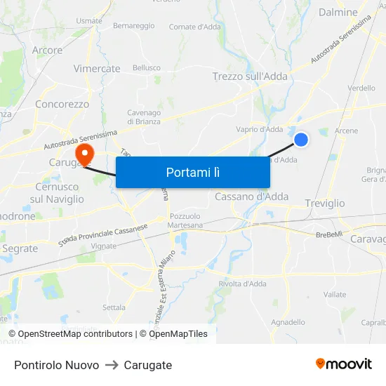 Pontirolo Nuovo to Carugate map