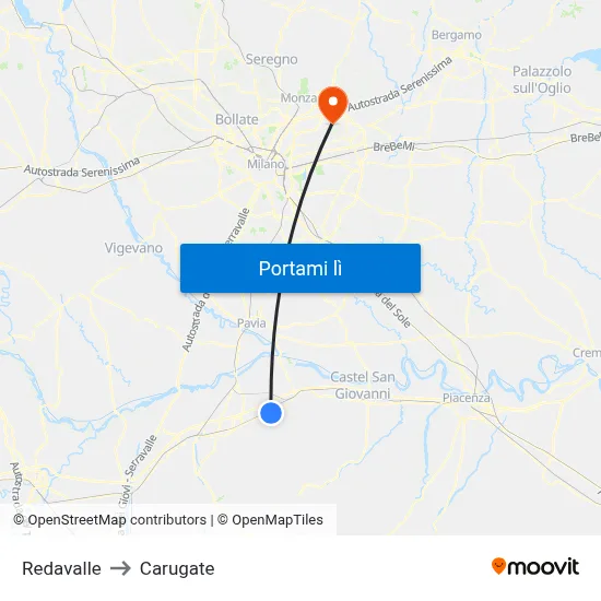 Redavalle to Carugate map