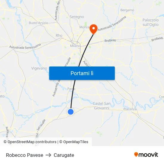 Robecco Pavese to Carugate map