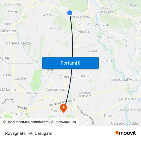 Rovagnate to Carugate map