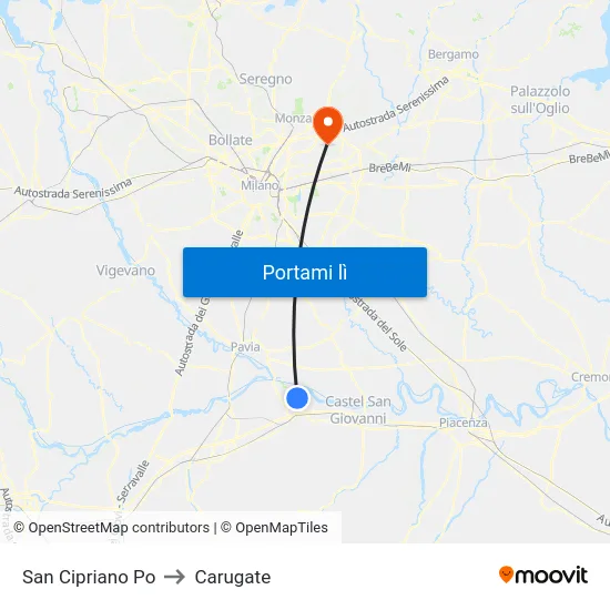 San Cipriano Po to Carugate map