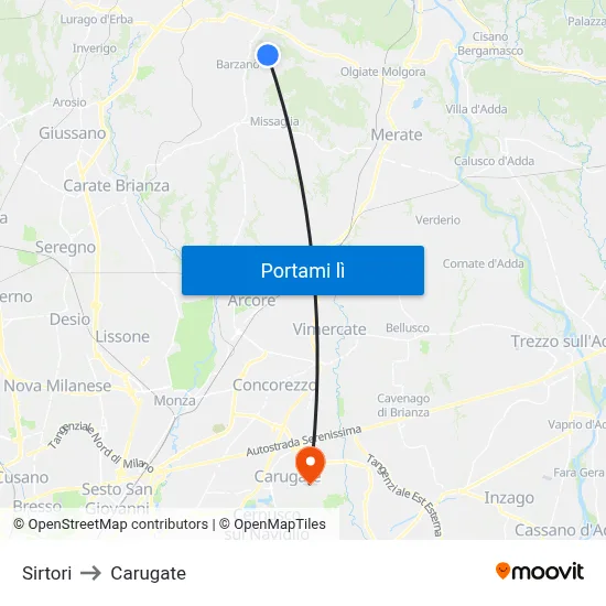 Sirtori to Carugate map