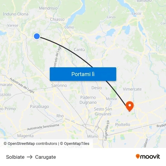 Solbiate to Carugate map