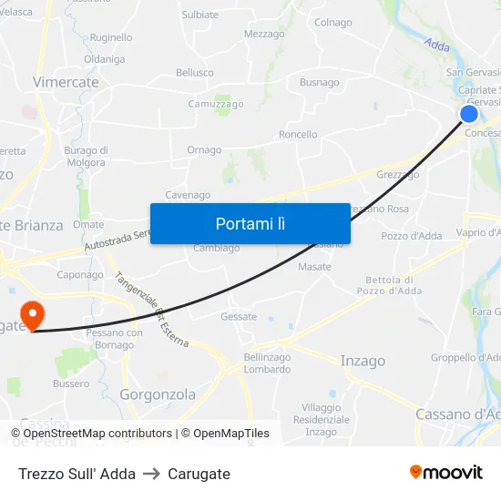 Trezzo Sull' Adda to Carugate map