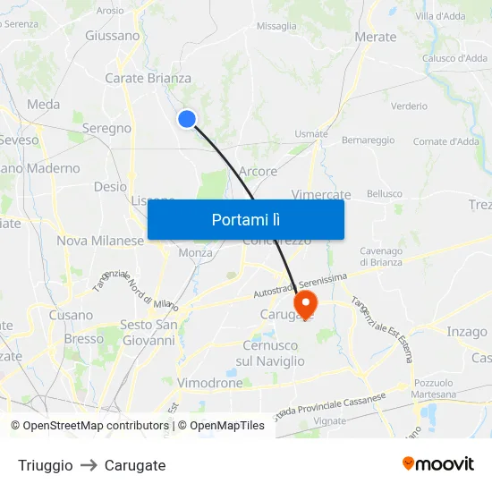 Triuggio to Carugate map