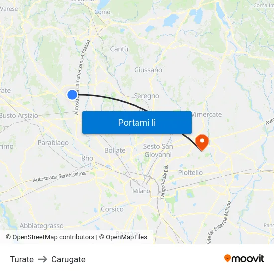 Turate to Carugate map