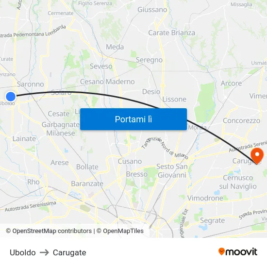 Uboldo to Carugate map
