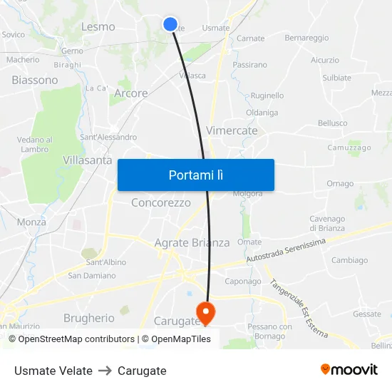 Usmate Velate to Carugate map