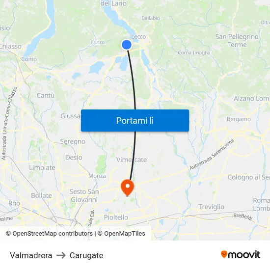 Valmadrera to Carugate map