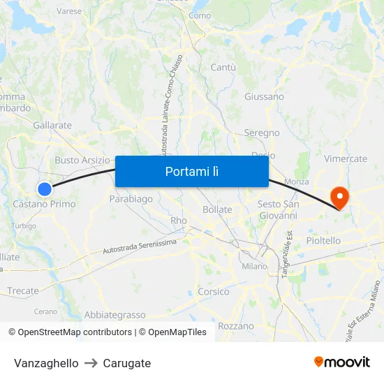 Vanzaghello to Carugate map