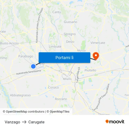Vanzago to Carugate map