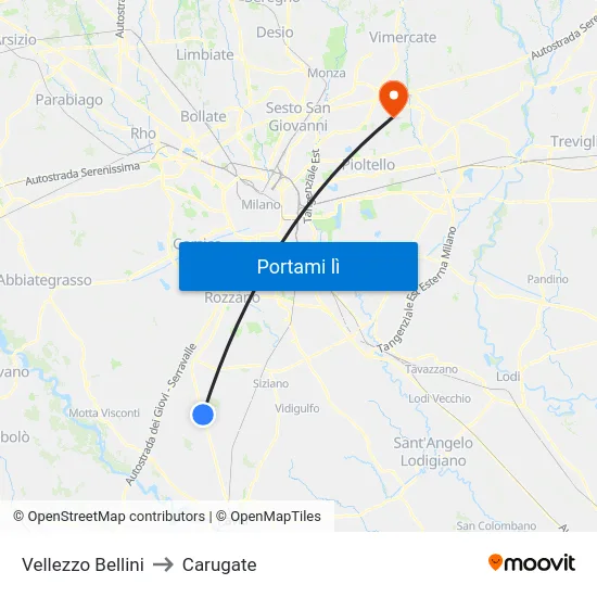 Vellezzo Bellini to Carugate map