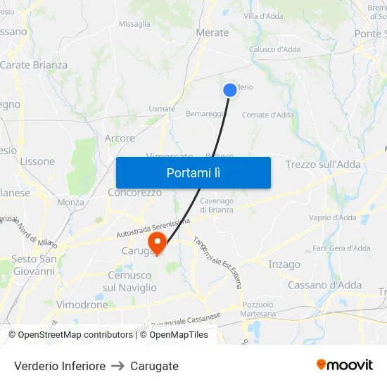 Verderio Inferiore to Carugate map