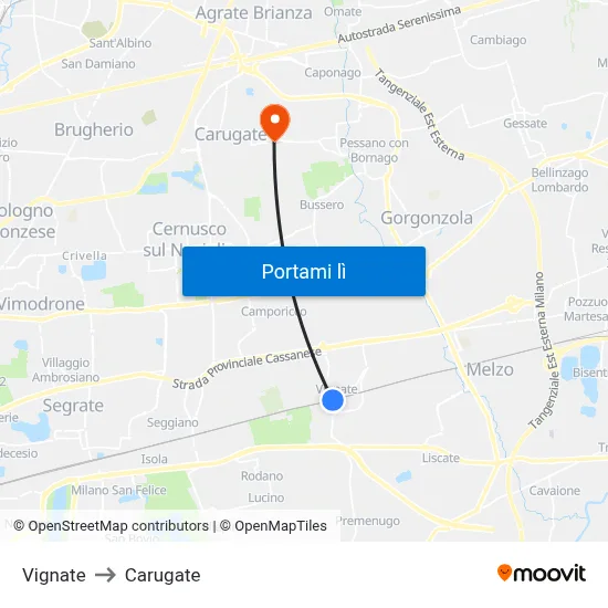 Vignate to Carugate map