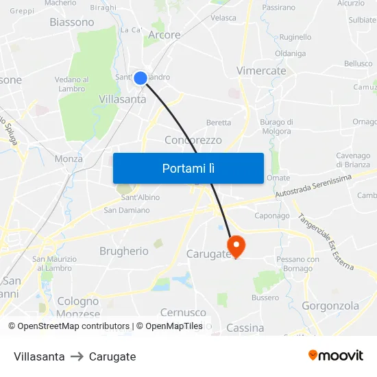 Villasanta to Carugate map