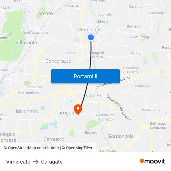 Vimercate to Carugate map