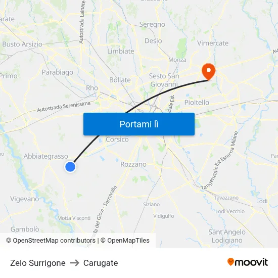 Zelo Surrigone to Carugate map
