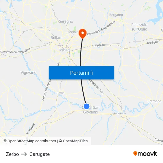 Zerbo to Carugate map