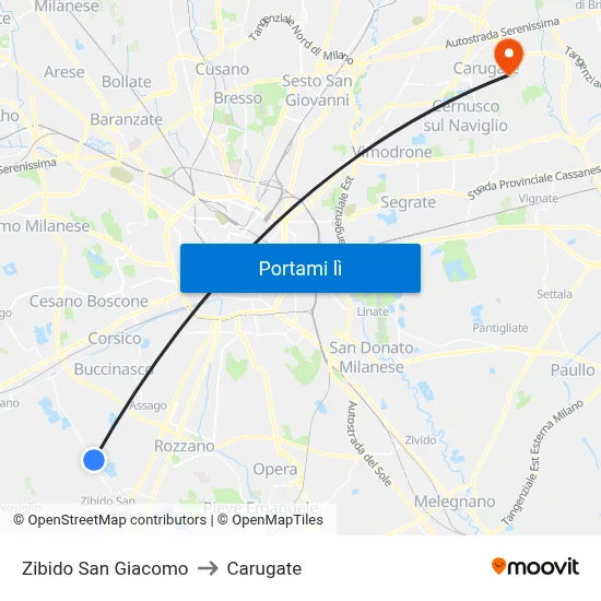 Zibido San Giacomo to Carugate map