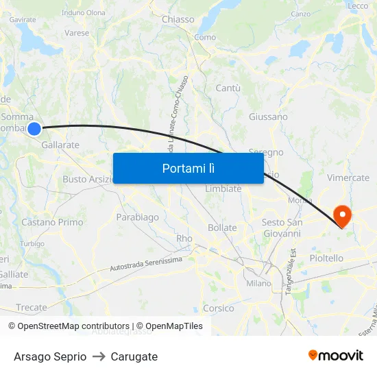 Arsago Seprio to Carugate map