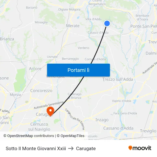 Sotto Il Monte Giovanni Xxiii to Carugate map