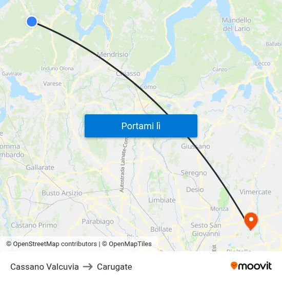 Cassano Valcuvia to Carugate map