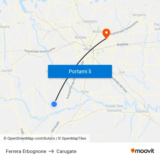 Ferrera Erbognone to Carugate map