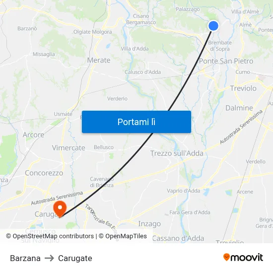 Barzana to Carugate map