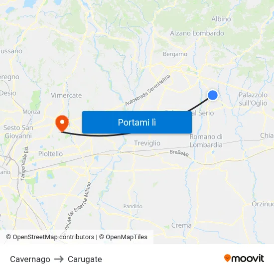 Cavernago to Carugate map