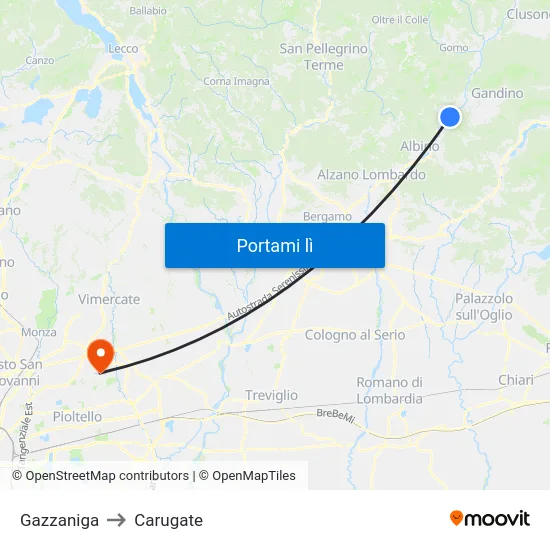 Gazzaniga to Carugate map
