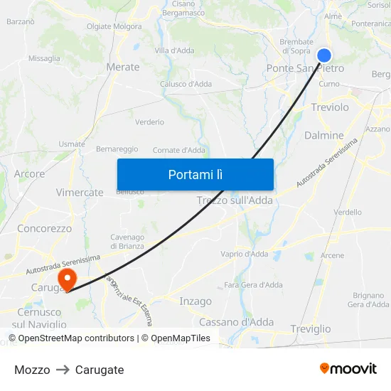 Mozzo to Carugate map