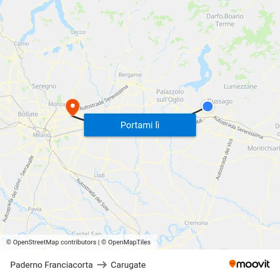 Paderno Franciacorta to Carugate map