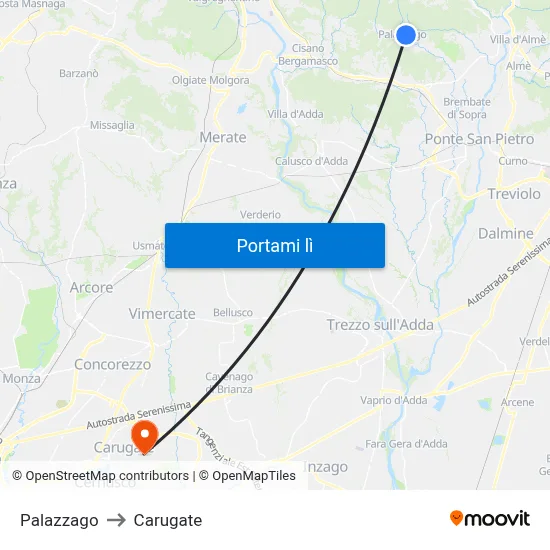 Palazzago to Carugate map