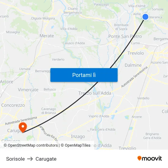 Sorisole to Carugate map