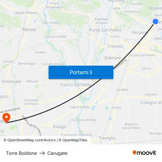Torre Boldone to Carugate map