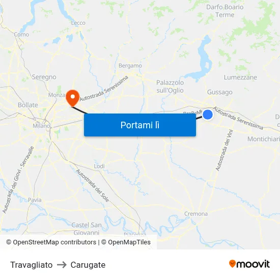 Travagliato to Carugate map