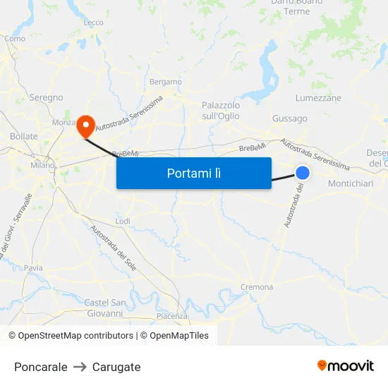 Poncarale to Carugate map