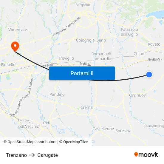 Trenzano to Carugate map
