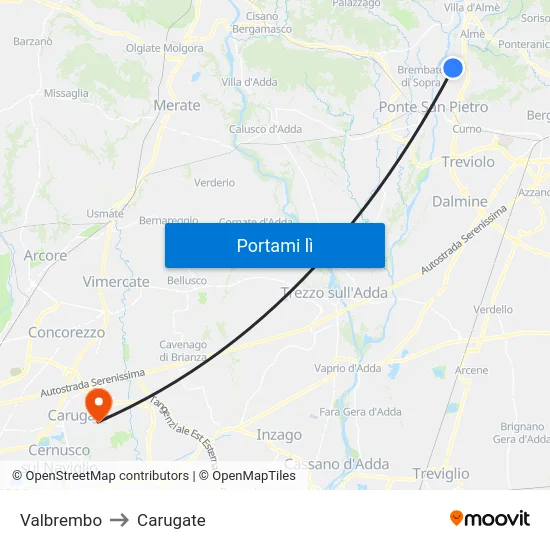Valbrembo to Carugate map