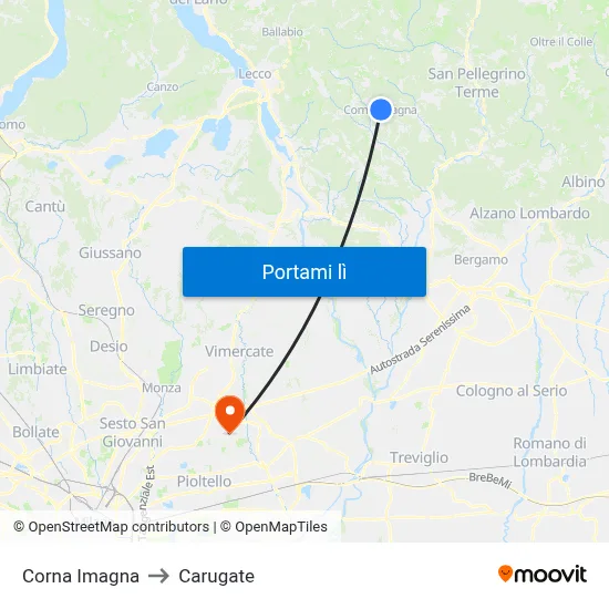 Corna Imagna to Carugate map