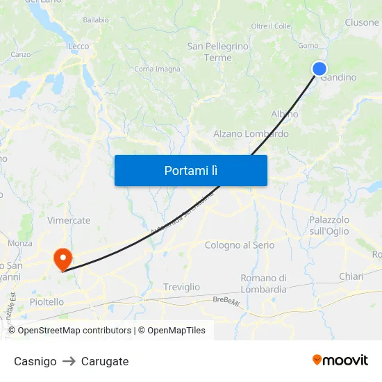 Casnigo to Carugate map