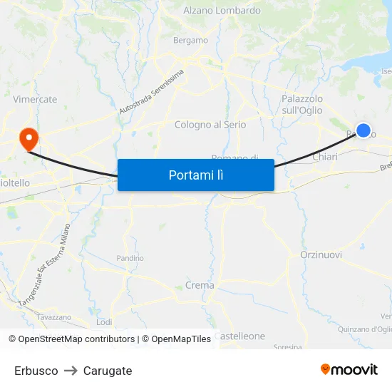 Erbusco to Carugate map