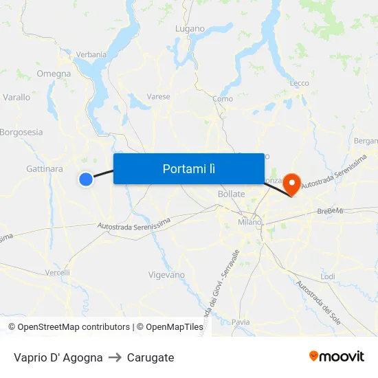 Vaprio D' Agogna to Carugate map