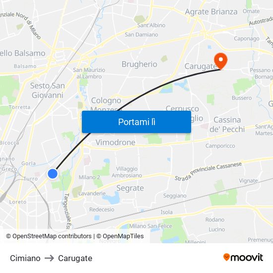 Cimiano to Carugate map