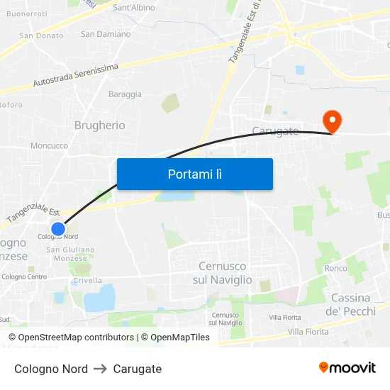 Cologno Nord to Carugate map