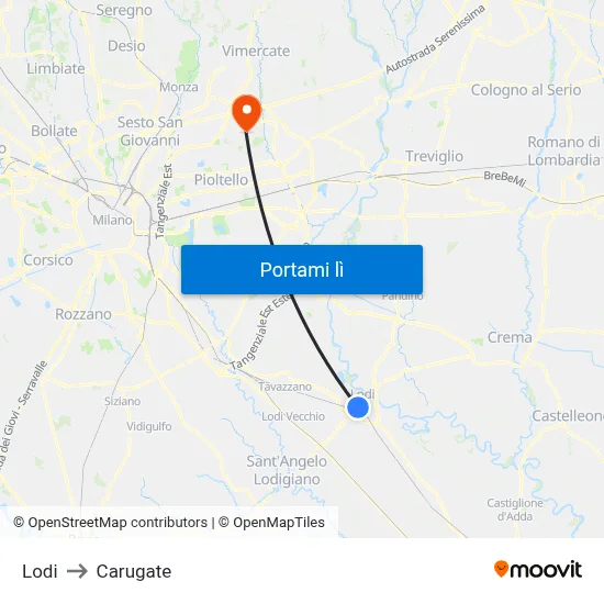 Lodi to Carugate map