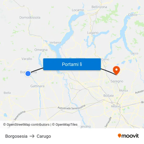 Borgosesia to Carugo map